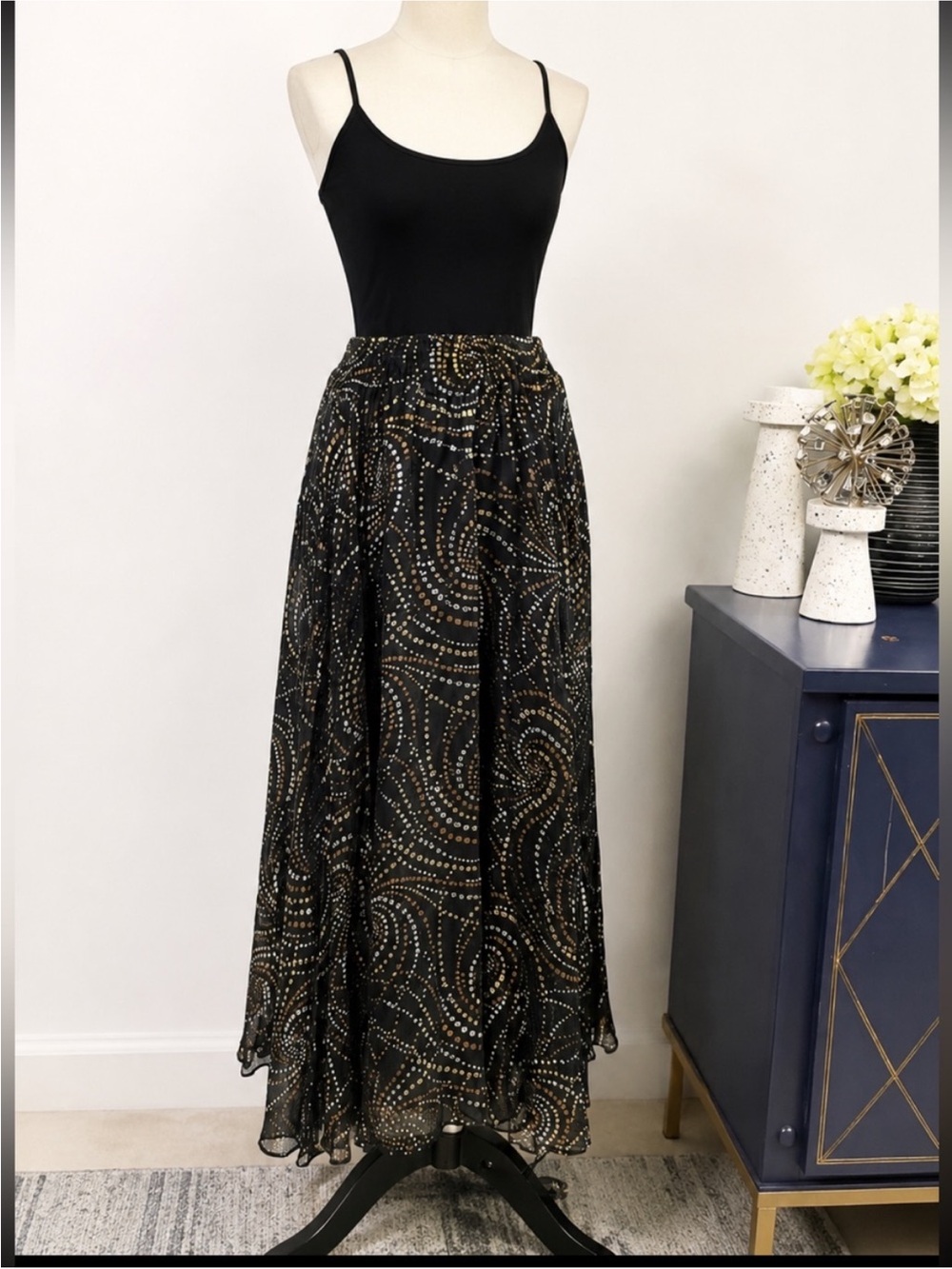Diane Freis Black Metallic Dot Swirl Maxi Skirt Boho Flowy Size 1X